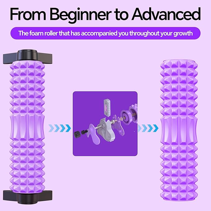 Foam Roller with Detachable Stand, 18” Deep Tissue Massage Roller, 3-Level Height Adjustable Support, Beginner-Friendly Design for Home Workout & Muscle Recovery -Purple