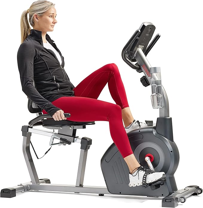 Sunny Health & Fitness Smart Recumbent Bike with Pulse Sensors, Home Cycling Workout Machine w/Cushion Seat & Mesh-Backrest, Free SunnyFit App Connection, Optional Programmable & Electro-Magnetic