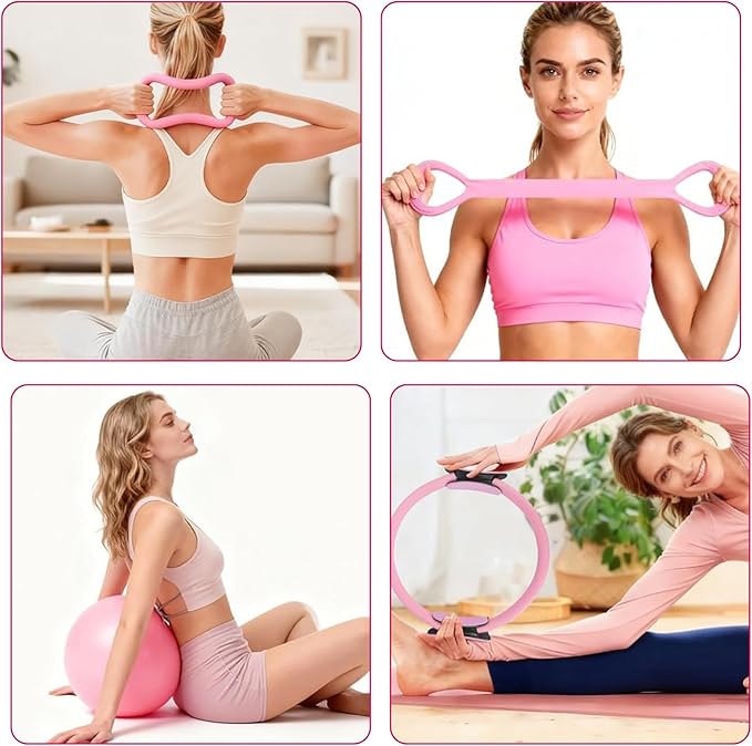 18 Pcs Pilates Kit for Home Workouts Women, 14" Magic Circle with Pilates Ring and Ball Set, 3 Fabric Resistance Bands & 5 Latex Bands for Core Strength, Toning & Flexibility.