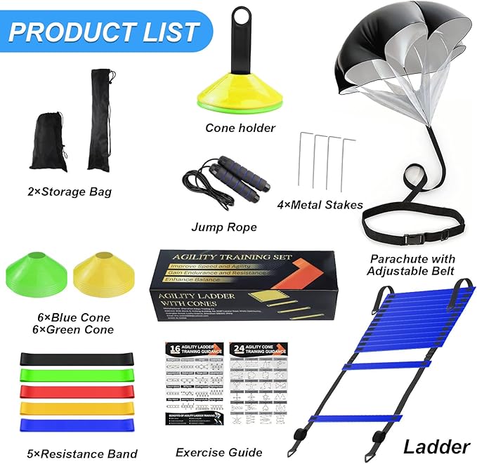 Speed Agility Training Equipment Set, Agility Ladder 20ft, 12 Football Cones, Resistance Parachute/Soccer Kick Trainer, Jump Rope, 5 Resistance Bands, Football Practice Equipment for Kids Adults
