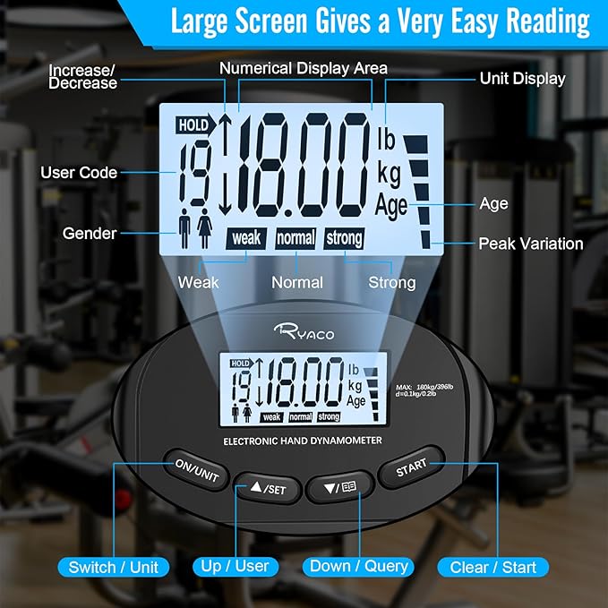Ryaco Grip Strength Tester With Grip rings, finger exercisers, 396lbs/180kg Digital Hand Dynamometer Grip Strength Trainer Set Electronic Hand Grip Strengthener with LCD Display for Rehab