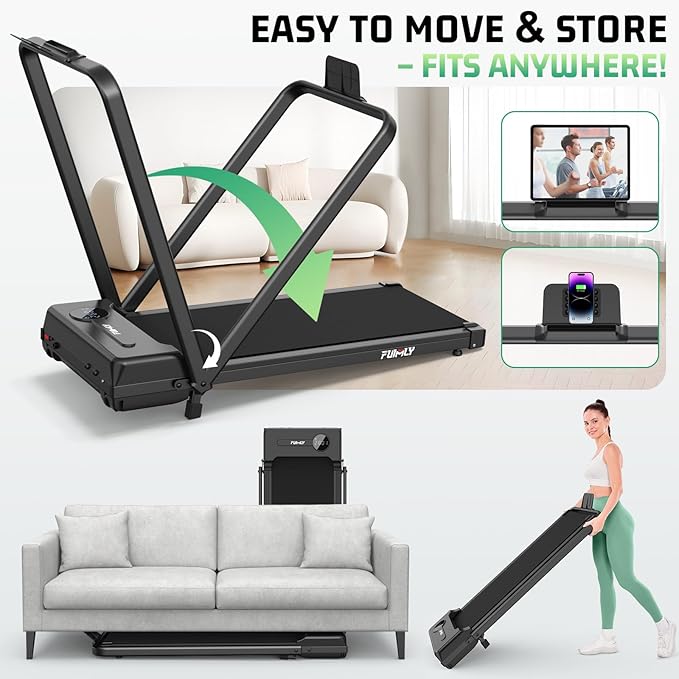 FUNMILY Upgrade Walking Pad Folding Treadmill with 12%/15% & Handle Bar, 3.5HP Foldable Under Desk Compact Treadmills for Home/Office/Gym, 400+lb Capacity, Shock Absorption