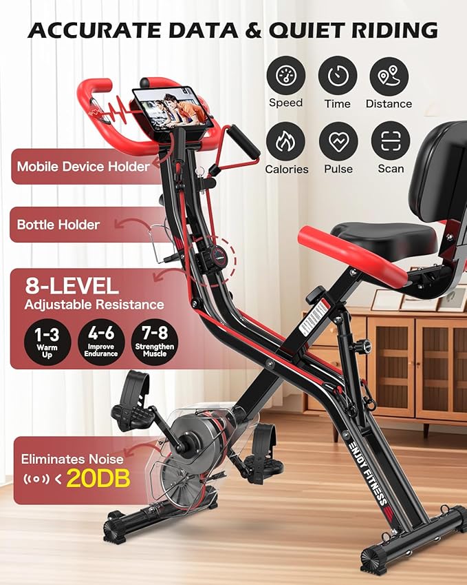 pooboo Folding Exercise Bike, Foldable Upright Stationary Bike, Indoor Cycling Magnetic X-Bike with 8-Level Adjustable Resistance, 6.6 LBS Flywheel, 300LB Capacity, Back Support Cushion for Home Gym