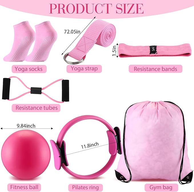 Poen Pilates Equipment Kit for Home Workout Pilates Ring and Ball Set for Women 12'' Circle Yoga Fitness Essentials Kit with Resistance Bands, Yoga Strap, Socks,Bag