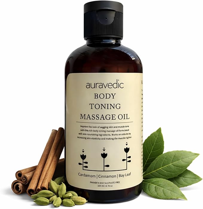 Auravedic Body Toning Massage Oil | Helps Reduce Stretch Marks, Cellulite & Sagging | Infused with Cinnamon, Cardamom & Bay Leaf | for Smooth, Supple Skin | 6.76 Fl Oz (200ml)
