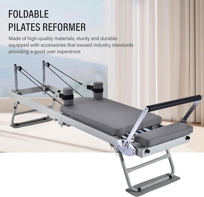 Foldable Pilates Reformer & Equipment,Adjustable Angle Pilates Machine,Portable Pilates Reformer,Pilates Reformer Workout Machine for Home Gym-Up to 300 Lbs Weight Capacity,Black/Beige