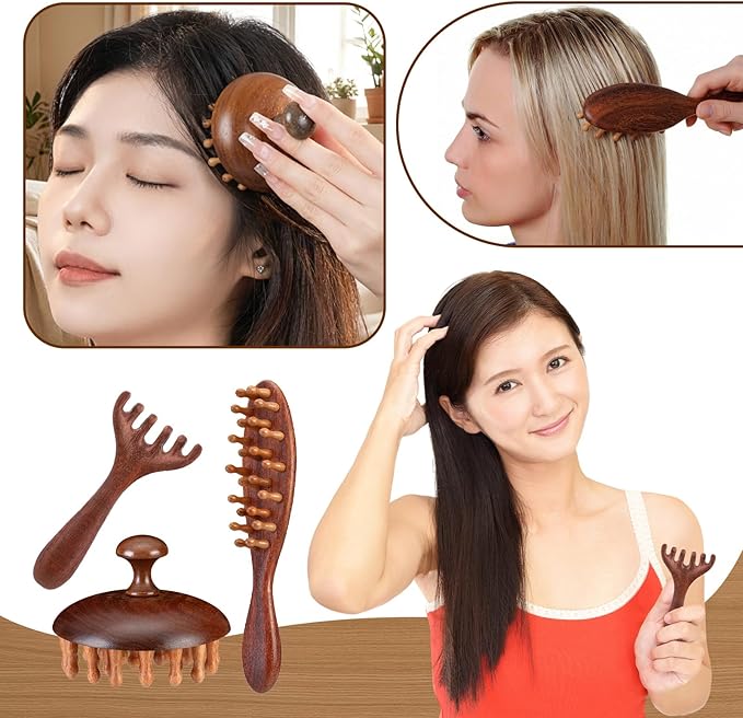 6 Pcs Natural Wooden Scalp Massager Comb Tool Set with Flocked Storage Bag Scalp Massage Tool for Stress Relief, Gua Sha & Therapy for Women Men Hair Growth Body Therapy