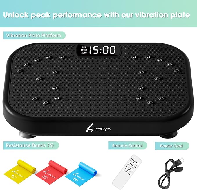 SoftGym Vibration Plate Exercise Machine for Lymphatic Drainage,Power Vibrate Stand Shake Board 450 Lbs Capacity Whole Body Workout Waver with Resistance Bands Weight Loss Gifts for Women Men-Black