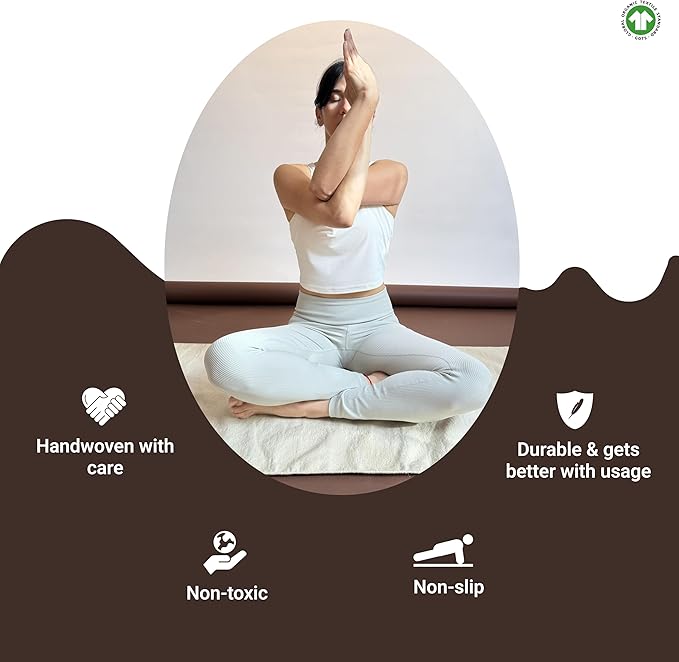 Tharie Hand-Woven Organic Cotton Yoga Mat, Washable & Good Grip, Standalone or as Topper, 70 x 196 cm, Made in India