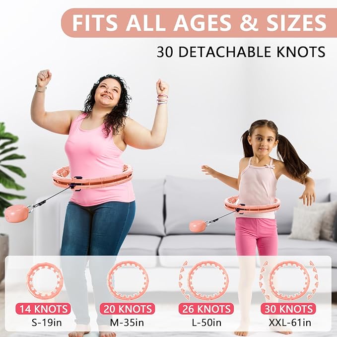 U1 Weighted Hula Hoop 30 Knots 19"-61" for Adults with Waist Trimmer Belt & Durable Wash Bag Bundle– Fitness Hoop for Exercise, Workout, Slimming & Home Gym, Peach