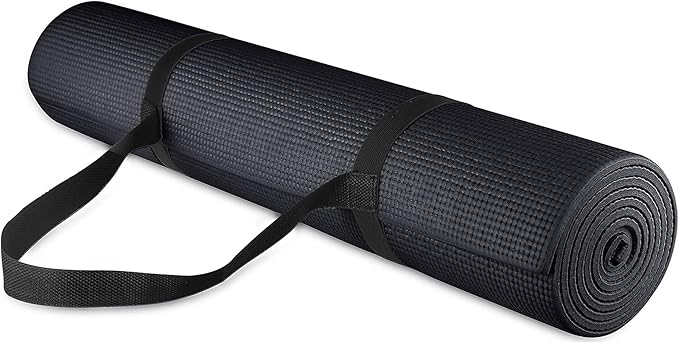 Signature Fitness All Purpose 0.25 Inch Thick High Density No Tear Exercise Yoga Mat with Strap & Lightweight Features for Indoor & Outdoor Use, Black