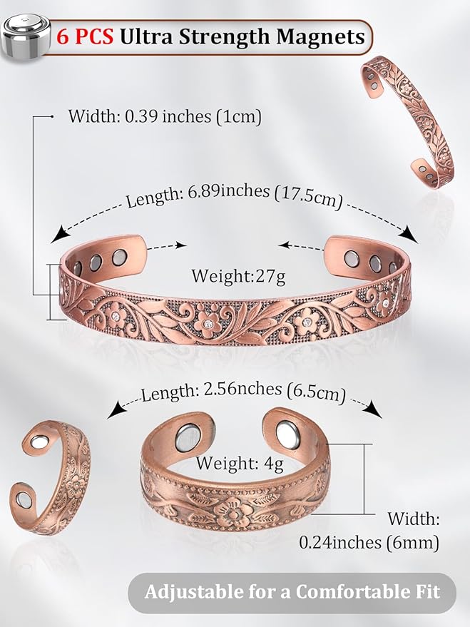 BioMag Copper Bracelet & Ring for Women, 99.99% Pure Copper Magnetic Bracelet Lymphatic Drainage Rings with 3500 Gauss Magnets, Adjustable & Flower Pattern (Copper-D)