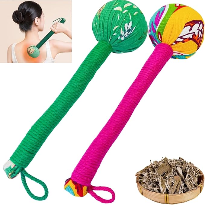 2PCS Long Size Lymphatic Drainage Massage Hammer,Manual Massage Hammer for Body, Back Massage Hammer Taichi,Wormwood Massage Hammer Sticks Muscle Relaxation 2PCS (Red/Green)