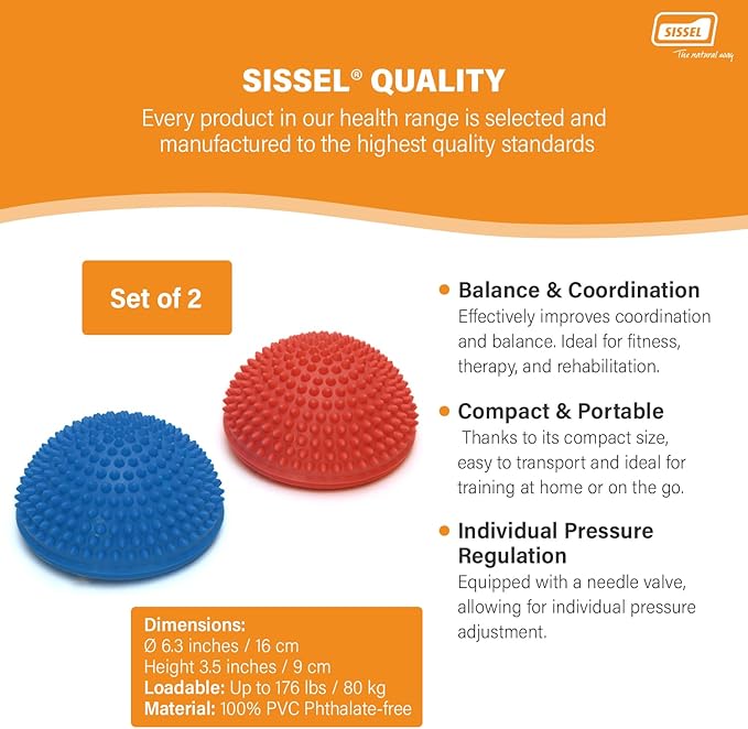 SISSEL Spiky Dome Set of 2 | Balance & Coordination Training Device | 100% Phthalate-Free PVC | Colors: Blue & Red | Foot Massage & Fitness | Supports up to 176 lbs | Ideal for Home Gym & Therapy