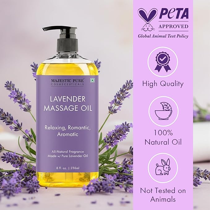 MAJESTIC PURE Lavender Massage Oil for Massage Therapy - Refreshing, and Relaxing - Natural Oils with Lavender Essential Oil - for All Skin Types - Men and Women Massage Lotion - 8 fl oz
