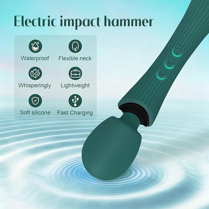 Handheld Personal Portable Cordless Waterproof Rechargeable Massager - 12 Modes 3 Speeds, Quiet Function & Soft Silicone for Neck, Shoulder, Back Pain Relief - Rose Green