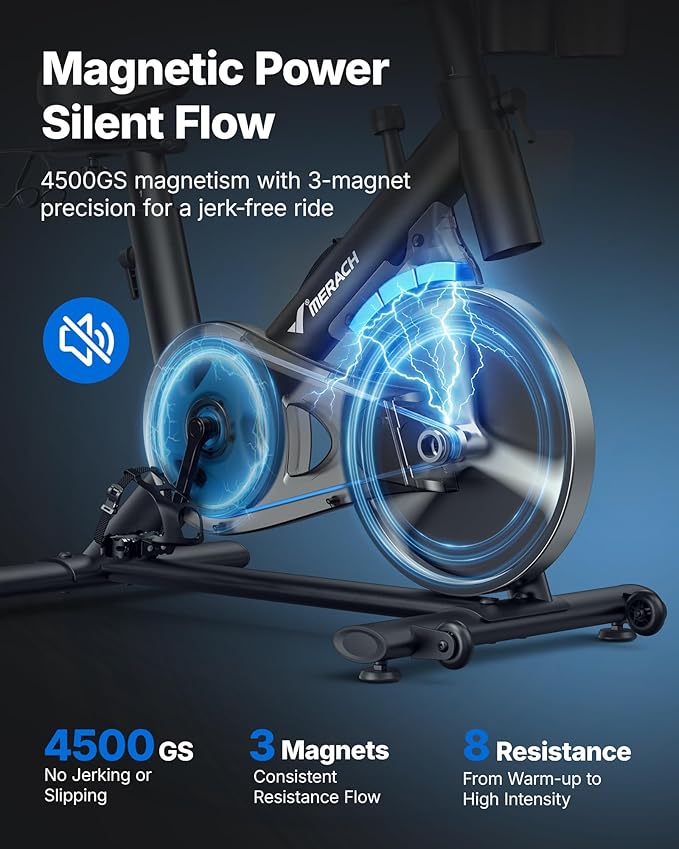 MERACH Exercise Bike, Brake Pad Stationary Bike with Exclusive App, Low Noise Indoor Cycling Bike with 300lbs Weight Capacity, Tablet Mount and Fitness Courses for Weight Loss
