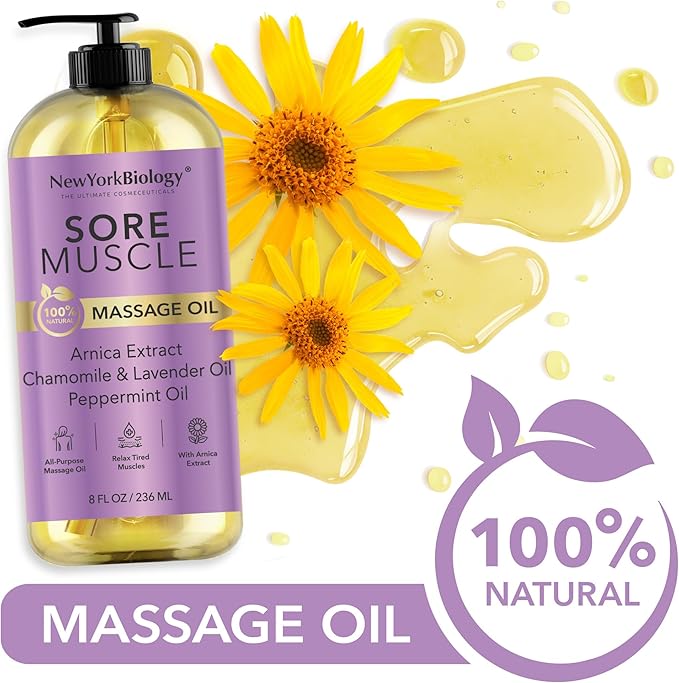 New York Biology Sore Muscle Massage Oil 8 Fl Oz – Made with 100% Natural Oils – Soothing Body Massage Oil - Absorbs Easily