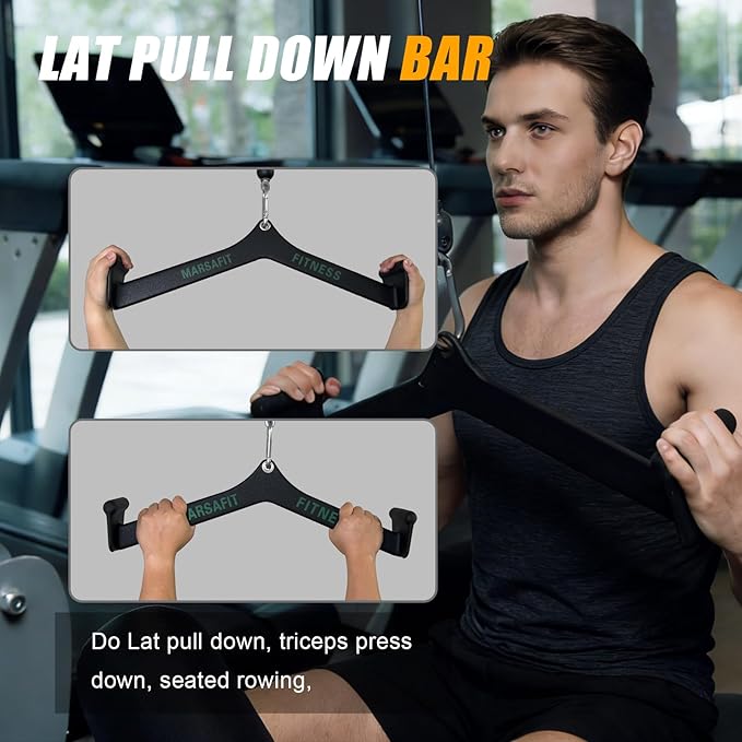 Home Gym Fitness Rowing T-bar V-bar Pulley Cable Machine Attachment, Bicep Curl Tricep LAT pulldown Bar Back Strength Training Handle Grips LAT Pull Down Bar for Seat Row Workout
