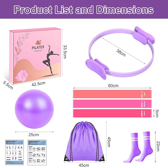Pilates Ring Gift Set 15" Anti-Deformation Premium Magic Circle, 3 Resistance Bands, Yoga Ball & Anti-Slip Socks | Elegant Home Workout Kit for Women | Birthday/Anniversary Present