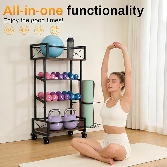 Yoga Mat Storage Rack, Home Gym Storage Rack, Retro Metal & Wood Weight Storage Racks for Yoga Mat, 360° Roller & Fitness Equipment, 60 Lbs per Shelf
