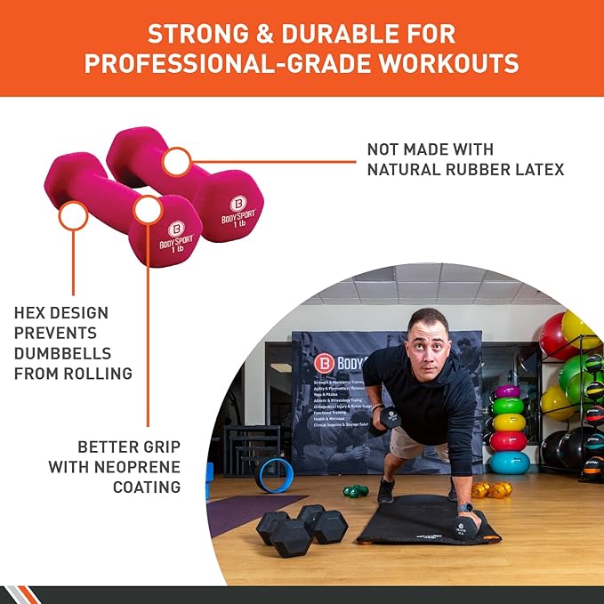 Body Sport Neoprene Dumbbell Weight - Latex-Free, Strength Training Equipment for Home Fitness & Gym Workouts