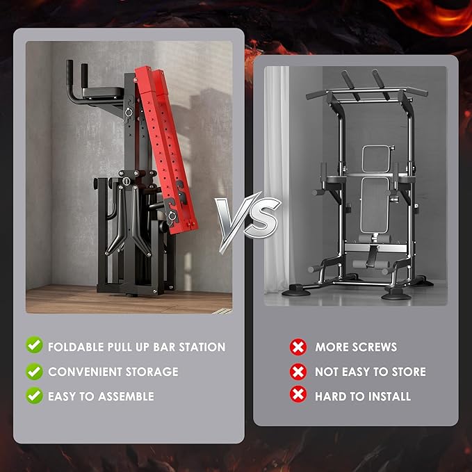 DlandHome Foldable Power Tower Pull Up Bar Station, Strength Training Fitness Equipment, Multi-Function Adjustable Height Pull Up Dip Station for Home Gym Workout, Pull Up Stand, Black & Red
