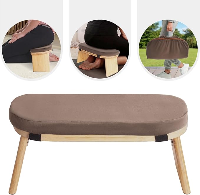 Folding Bamboo Meditation Stool, Meditation Bench with Velvet Cushion & Carry Bag, Travel Meditations Seat, Comfortable Folding Kneeling Stool Chair for Mindfulness, Zen Practice Coffee