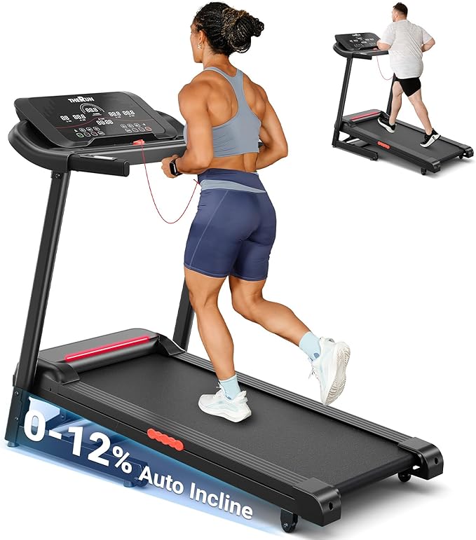 THERUN Incline Treadmill 18" LED Screen & 16.5‘’ Wide Belt, Running Treadmill 2 Layers Shock-Absorbing, Foldable for Indoor Fitness Workouts