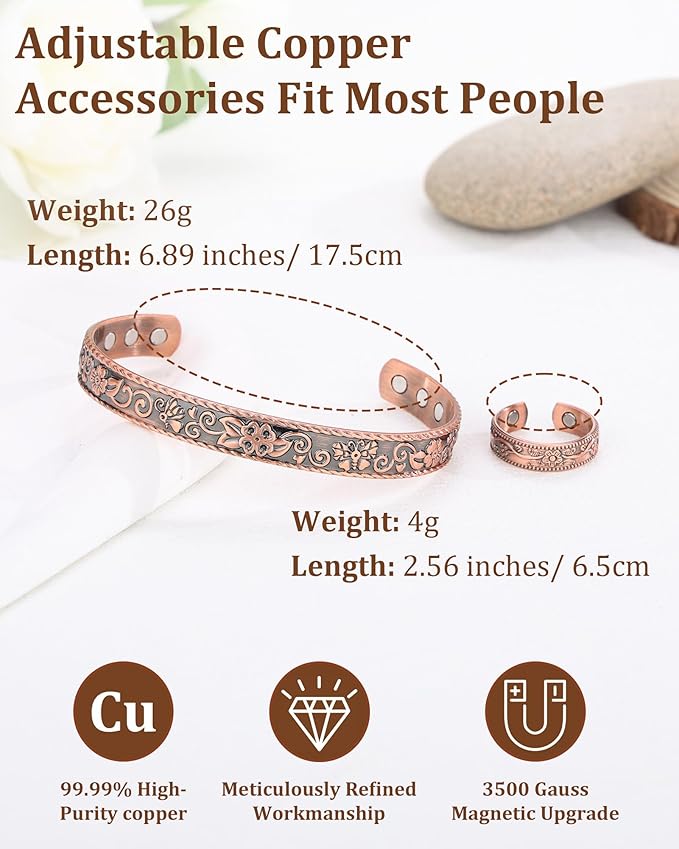 BioMag 99.99% Pure Copper Bracelet&Ring for Men and Women, Adjustable Magnetic Bracelet & Ring with Built-in Strong Magnets, Elegant Vintage Flower Design, Jewelry Christmas Gift