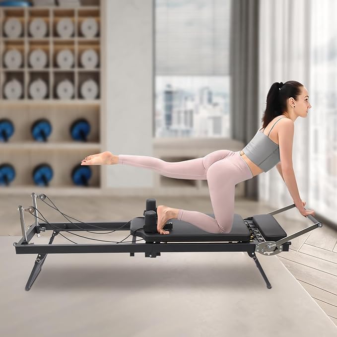 Pilates Reformer, Foldable Reformer Pilates Machine for Home Use, Cardio Fitness Rebounder with Dual Resistance- Springs and Cords, Pilates Equipment for Home Gym Workouts, Up to 264 LBS