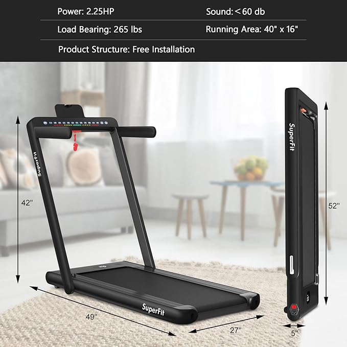 Goplus 2 in 1 Folding Treadmill with Dual Display, 2.25HP Superfit Under Desk Electric Pad Treadmill, Installation-Free, Blue Tooth Speaker, APP Control, Remote Control, Walking Jogging for Home