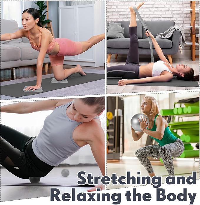 14 Pcs Yoga Kits for Home Workouts Pilates Equipment Set for Women Beginners, Hot Yoga Towel Blocks Strap, Knee Pad, Resistance Loop Exercise Band, Massage Lacrosse Ball, Pilates Ball