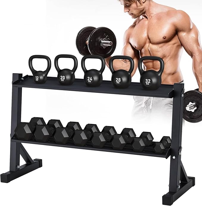 2-Tier Dumbbell Kettlebell Rack, Heavy Duty Steel Frame, 48 x 17.5 x 27.5 Inches, 1000 lbs Weight Capacity, for Kettlebell and Free Weight Storage, Home Gym Organization