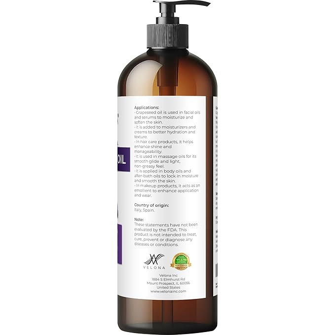 velona Grapeseed Oil 16 fl oz | 100% Pure and Natural Carrier Oil | Refined | Skin, Face, Body, Hair Care | Use Today - Enjoy Results