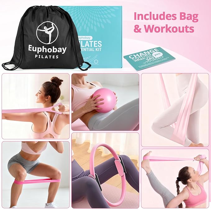 Pilates Essentials Kit for Women, Home Workout Pilates Kit with Ring, Mini Ball, Resistance Bands, Yoga Strap & More | Beginner Pilates Starter Kit for Toning, Strength & Flexibility