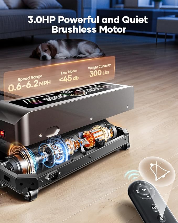 Walking Pad with 10% Incline, 3.0HP Brushless Quiet Under Desk Treadmill, Portable Treadmills for Home/Office, Running Machine 300 lbs Capacity with RGB LED Screen, Remote Control/App Control