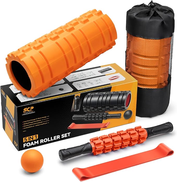 5-in-1 Foam Roller Set for Deep Tissue Muscle Massage, Trigger Point Fitness Tool with Muscle Stick Roller, Massage Ball, Stretching Strap for Whole Body (Orange-New)