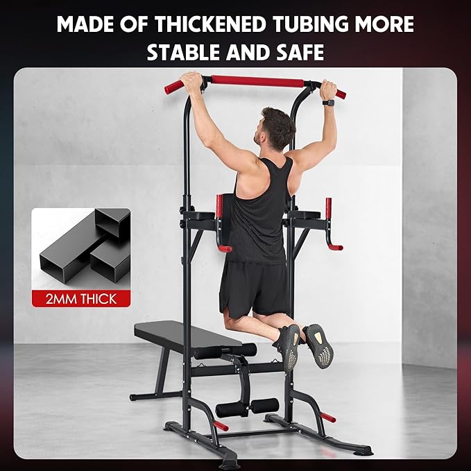 SogesPower Power Tower Pull Up Bar Station Multi-Function Adjustable Height Workout Dip Station Strength Training Equipment for Home Gym Fitness Equipment with Folding Multi-purpose Dumbbell Bench 330LBS
