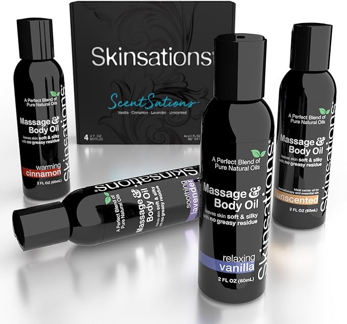 Skinsations – Massage Oil Gift Set – Variety Set for Couples, Travel Size (4 × 2oz) – Lightweight, Non-Greasy, Hydrating Body Oils for Relaxation & Gifting – Vanilla, Cinnamon, Lavender & Unscented
