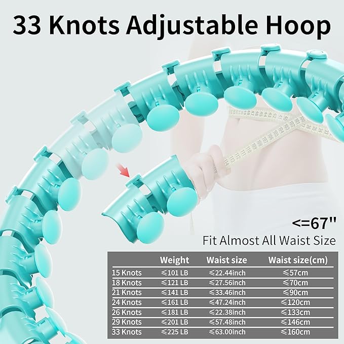 Coolboss Weighted Workout Hula Circle 33 Knots Infinity Hoola Fit Hoop Plus Size for Adult Weight Loss - Smart Exercise Waist Ring, Detachable & Adjustment Silent Fitted Equipment Cyan
