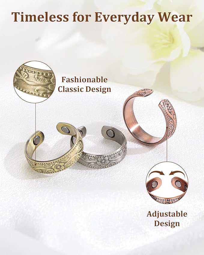BioMag Magnetic Lymphatic Drainage Ring Set, 3 Pcs 99.99% Pure Copper Rings for Women with 3500 Gauss Magnets, Adjustable Size, Floral Branch and Leaf Pattern