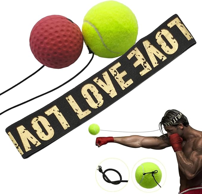Boxing Reflex Ball with Headband Set, Reflex Ball with String, Boxing Reaction Training Equipment, Rubber red ball &Yellow tennis ball, Elasticated headband, for Beginner &Advanced Boxer Practice