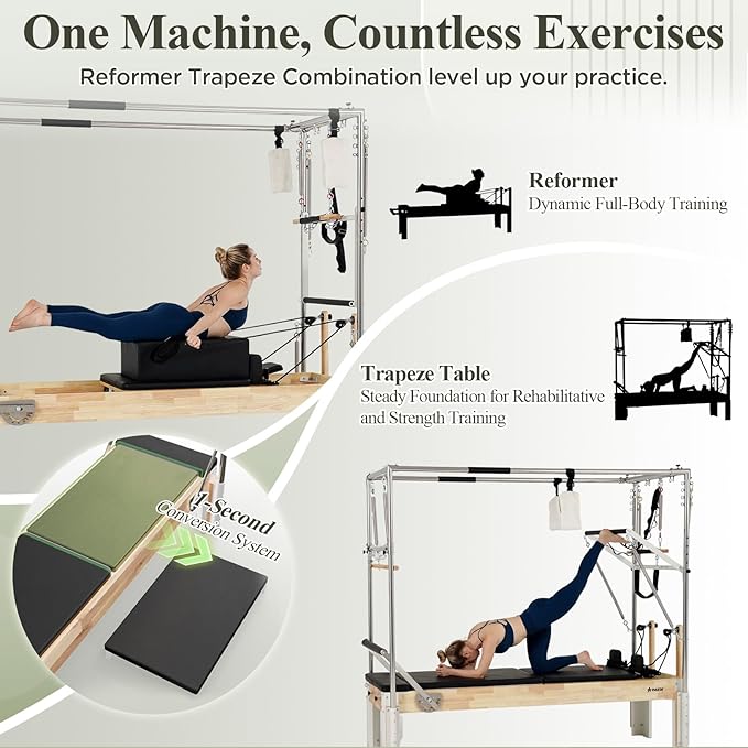 PAETA Pilates Reformer, Wooden Reformer Pilates Machine with Cadillac Trapeze Table, Pilates Equipment for Home Workout and Studio, Includes Sitting Box, Jumpboard