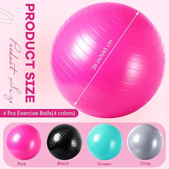 Leyndo 4 Pcs 26 Inch Yoga Exercise Ball Pilates Pregnancy Birthing Fitness Ball with Quick Pump Anti Burst for Improved Posture, Balance, Yoga, Pilates, Training