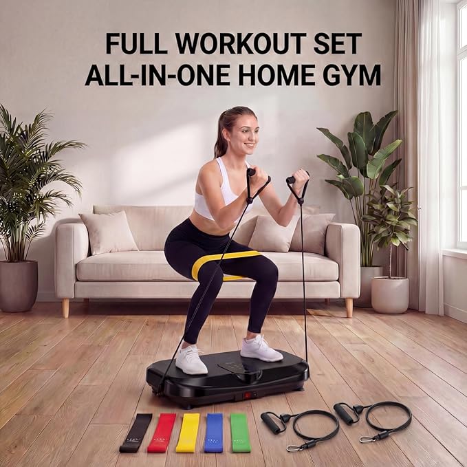 Vibration Plate Exercise Machine for Lymphatic Drainage & Weight Loss, Heated Vibrating Platform Full Body Workout Equipment, 440lb Capacity Home Gym Shaker Board with Bluetooth & Resistance Bands
