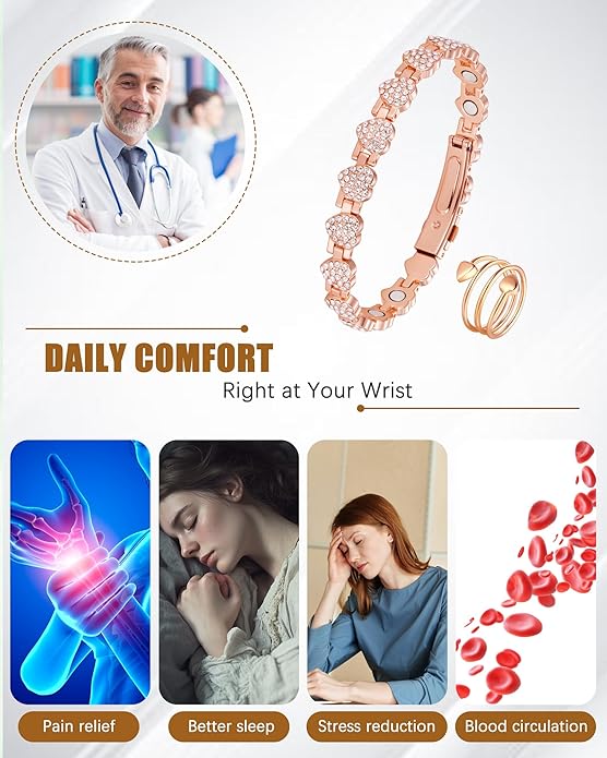 Copper Bracelet & Ring for Women, Ultra Strength Magnetic Bracelet with 3800 Gauss Magnets, Four-Leaf Clover & Infinity Heart Symbol & Crystal, Adjustable Tools and Jewelry Gift Box