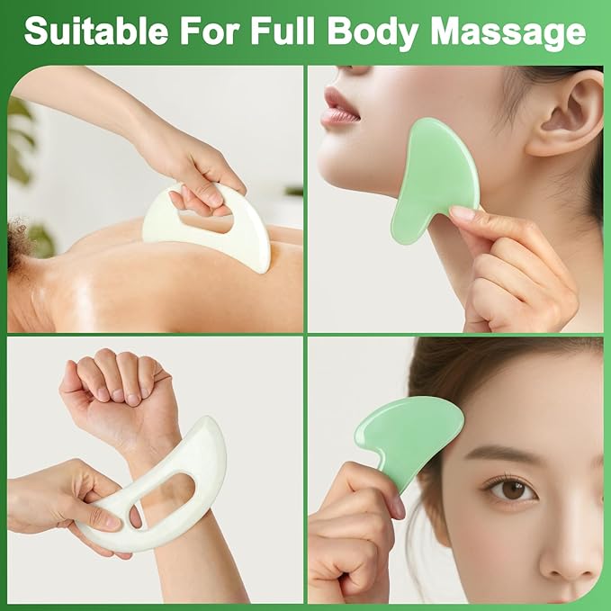 Jade Stone Gua Sha Massage Tool Set Larger Guasha Board with Handle Muscle Scraping Massage Tools Facial Anti Cellulite Spa Acupuncture Tools for Massage, Lymphatic Drainage Valentine's Day Gifts