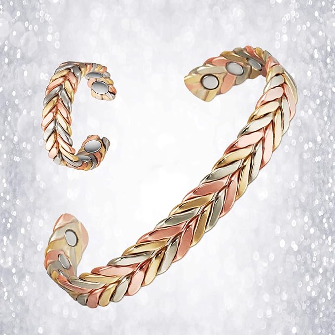 Copper Bracelet for Women, Pure Copper Suit Adjustable Three-Color Gold Braid Magnetic Bracelet Ring, Fashsion Jewelry Presents（0932 2040）