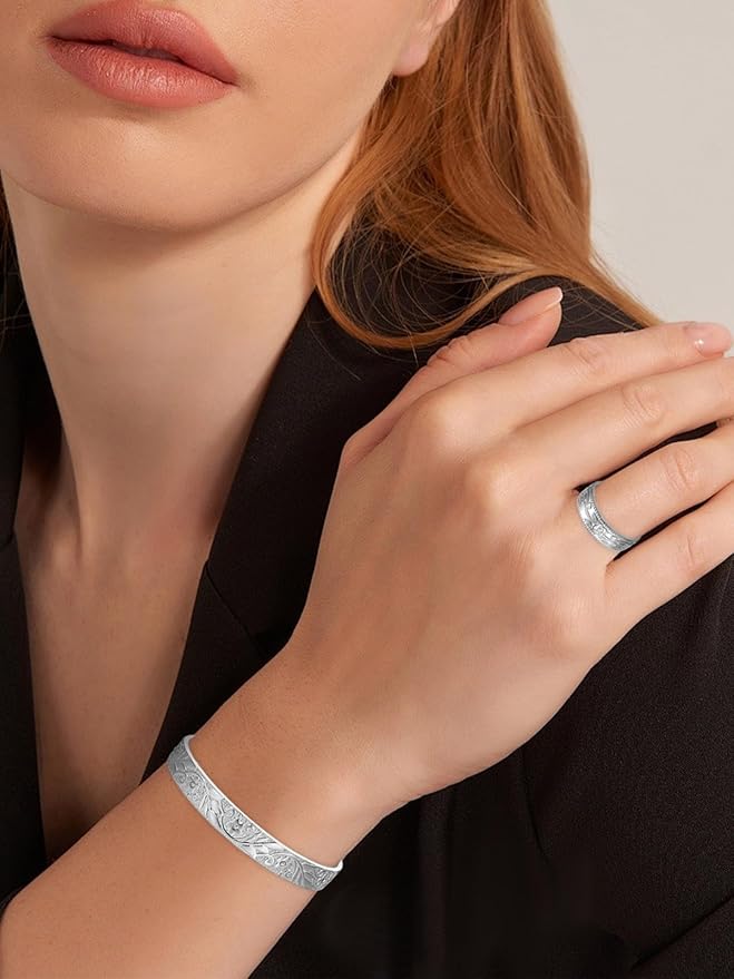 BioMag Lymphatic Drainage Ring & Copper Bracelet, 99.99% Pure Copper Magnetic Bracelet & Ring with Built-in 3500 Gauss Magnets, Adjustable Size,Floral Branch and Leaf Pattern